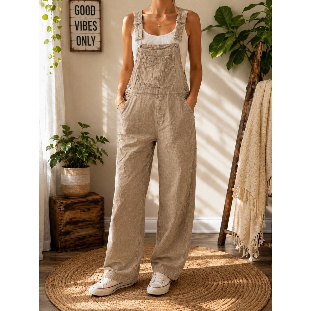 Vintage Rare Squeeze Weathered Cord Corduroy Overalls Women's L Taupe 90s